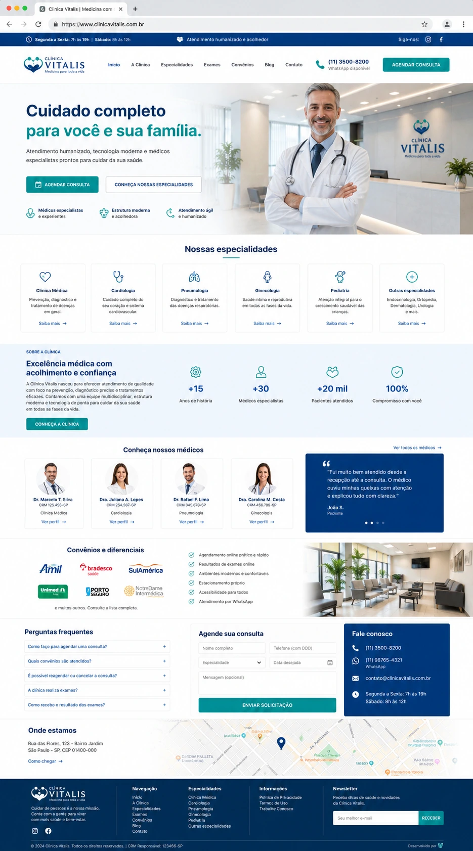 Site para clínica médica com especialidades, equipe e agendamento, desenvolvido pela Nidhi Tecnologia