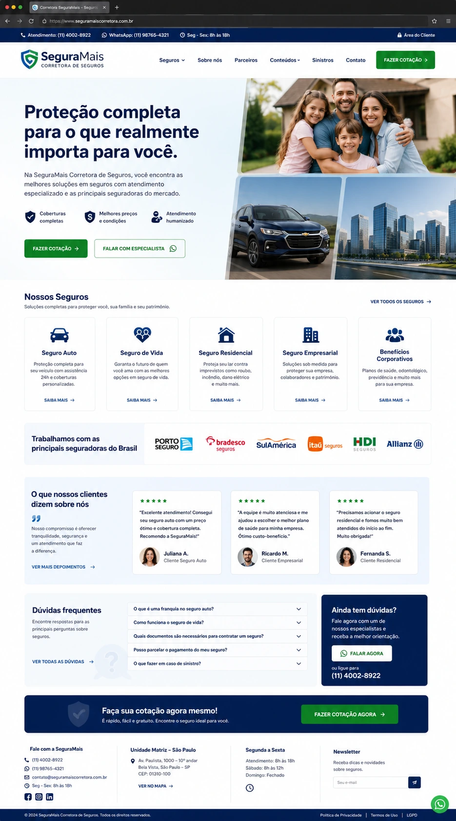 Site para corretora de seguros com produtos e geração de contatos, desenvolvido pela Nidhi Tecnologia