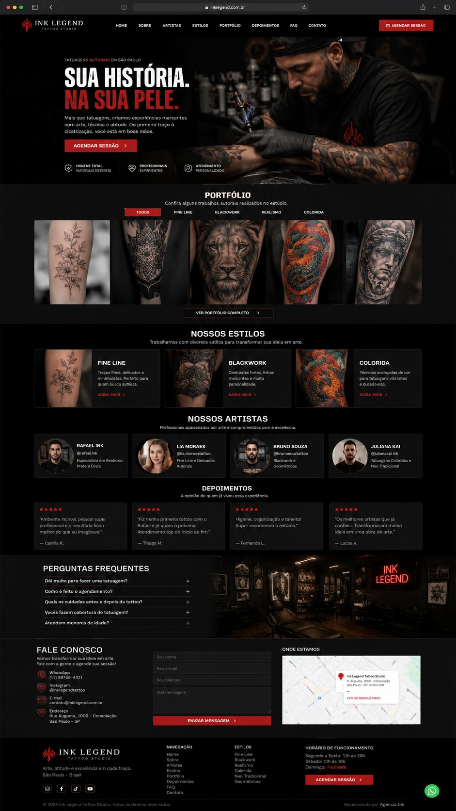 Site para estúdio de tatuagem com portfólio de artistas e agendamento, desenvolvido pela Nidhi Tecnologia