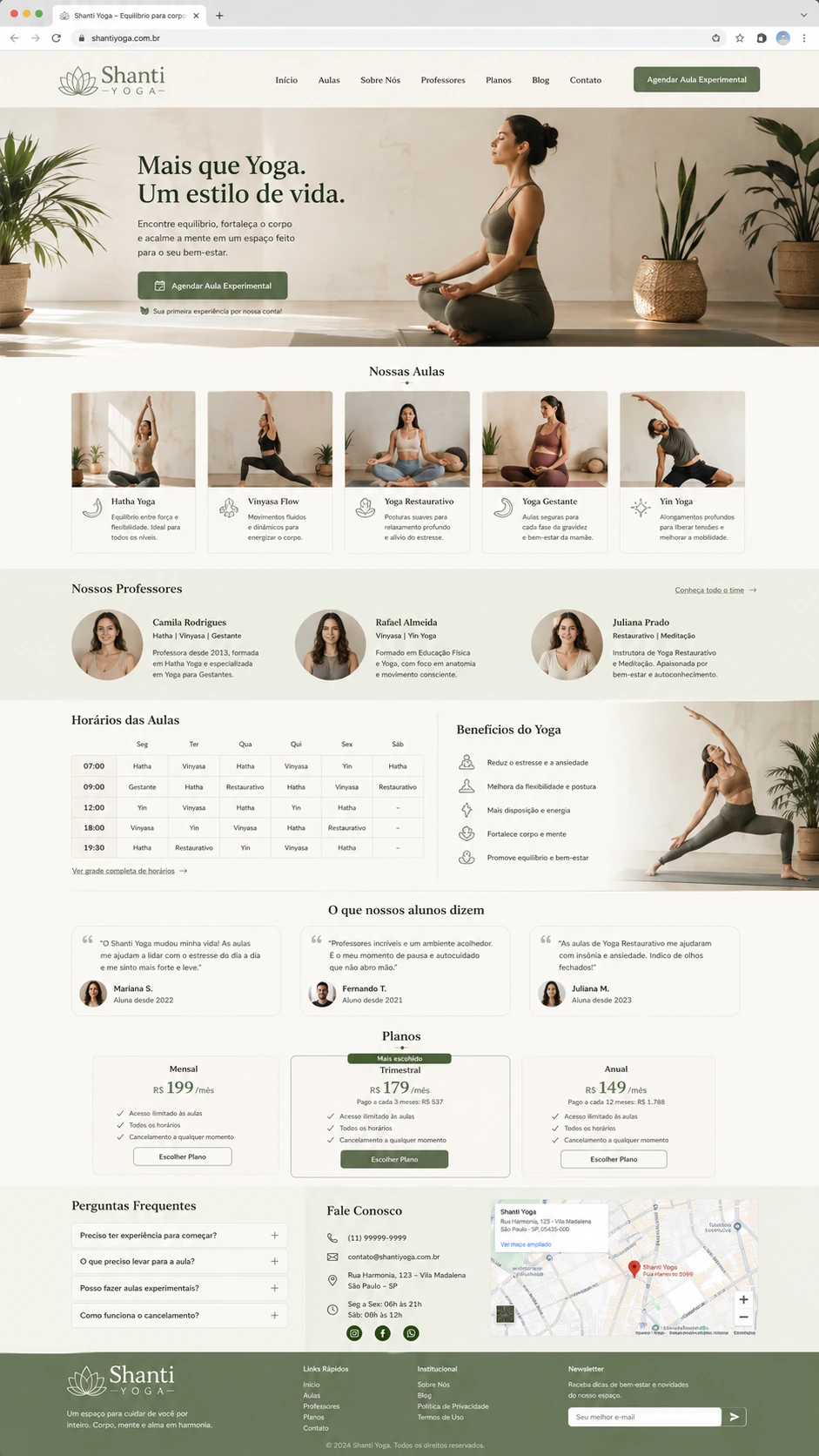 Site para estúdio de yoga com aulas e planos, criado pela Nidhi Tecnologia