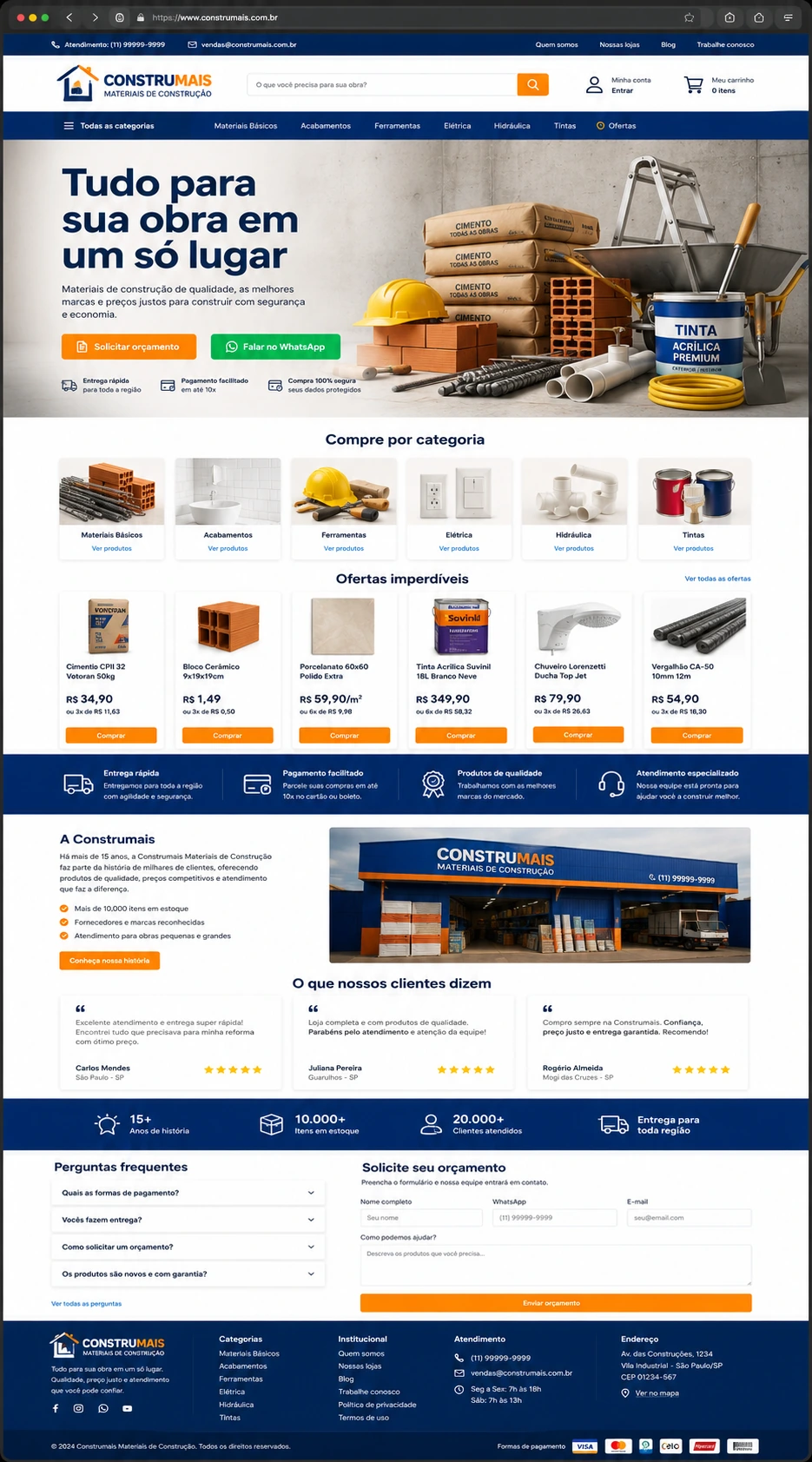 Site com catálogo de produtos para loja de materiais de construção, desenvolvido pela Nidhi Tecnologia