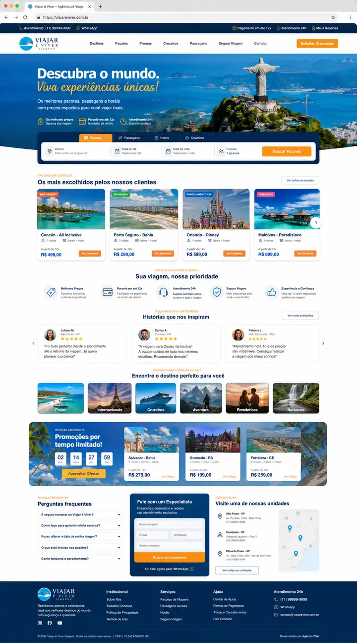 Site para agência de viagens com destinos e pacotes, criado pela Nidhi Tecnologia