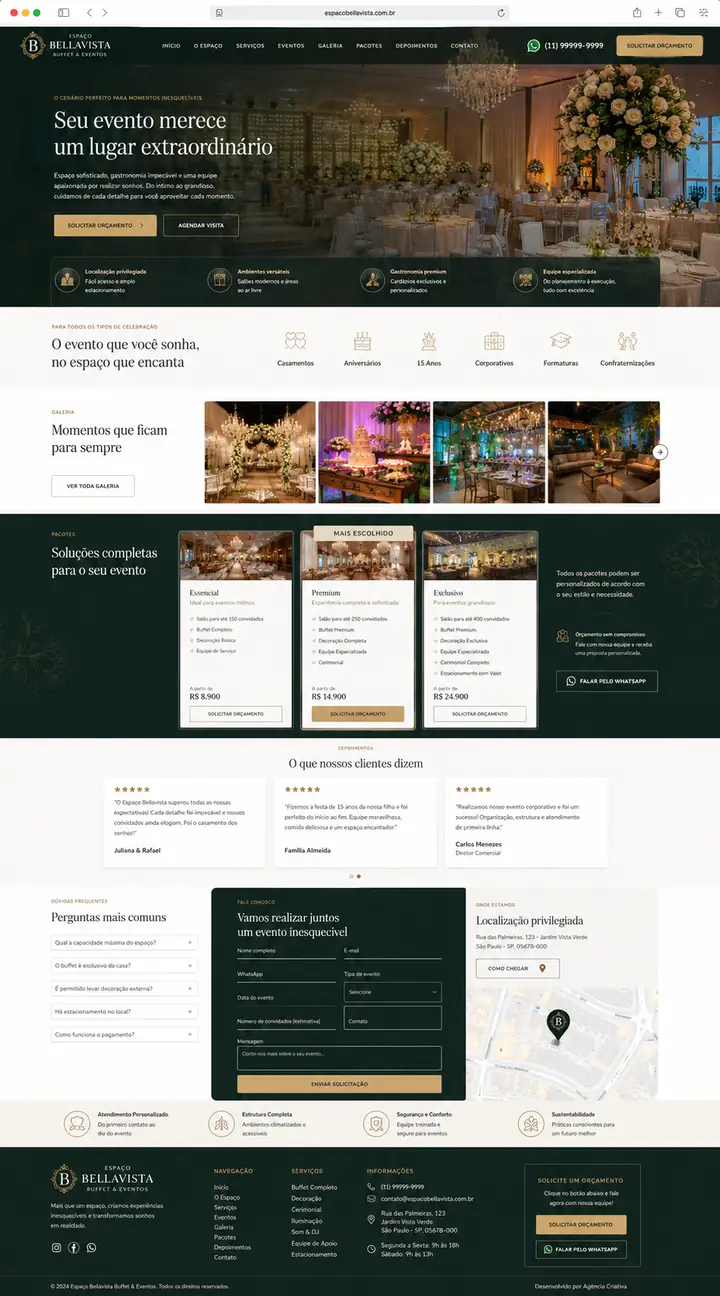 Site para buffet e casa de eventos com pacotes e orçamento, desenvolvido pela Nidhi Tecnologia