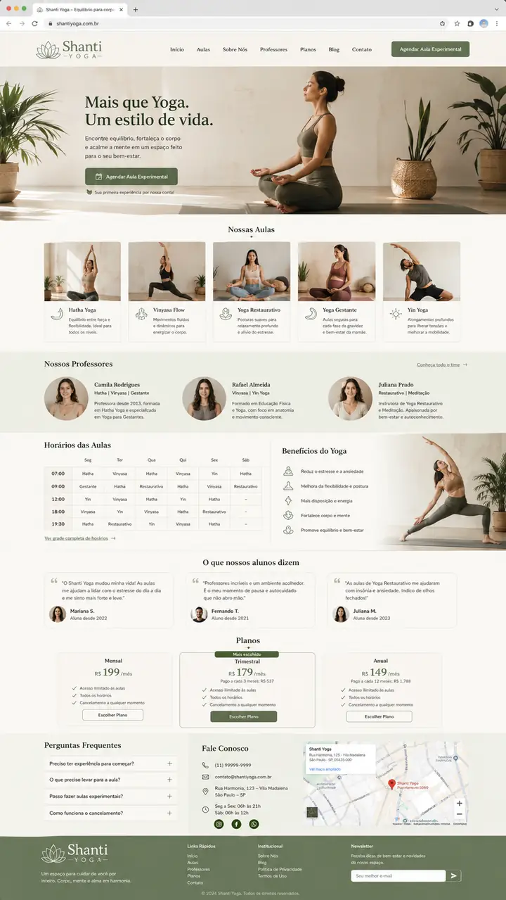 Site para estúdio de yoga com aulas e planos, criado pela Nidhi Tecnologia