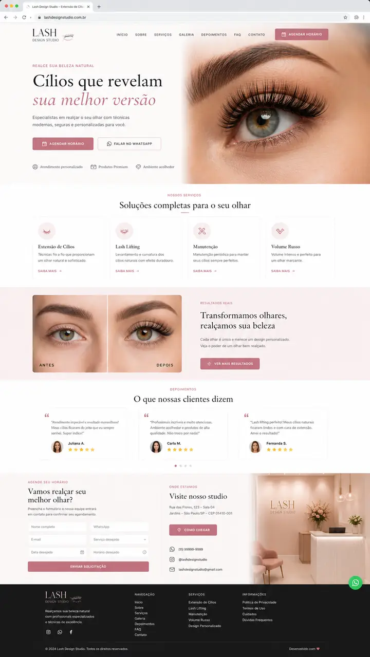 Site para estúdio de extensão de cílios com procedimentos e reservas, desenvolvido pela Nidhi Tecnologia