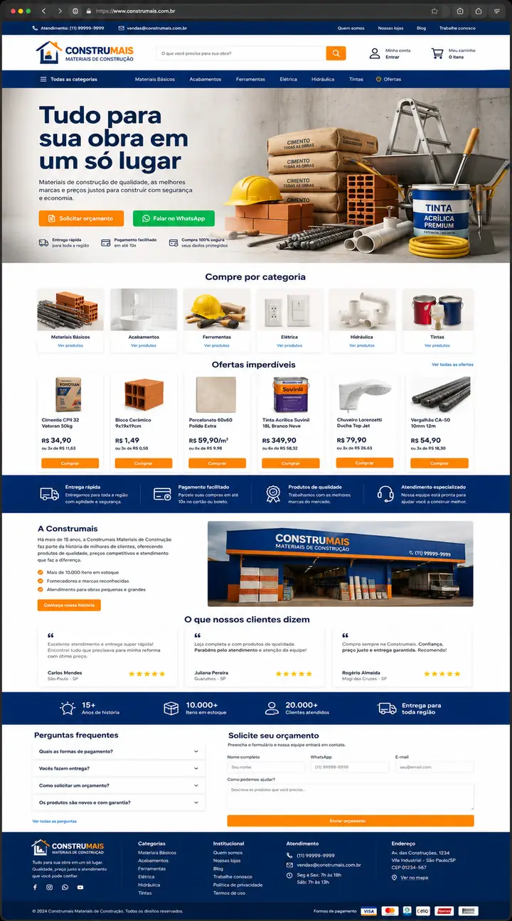 Site com catálogo de produtos para loja de materiais de construção, desenvolvido pela Nidhi Tecnologia