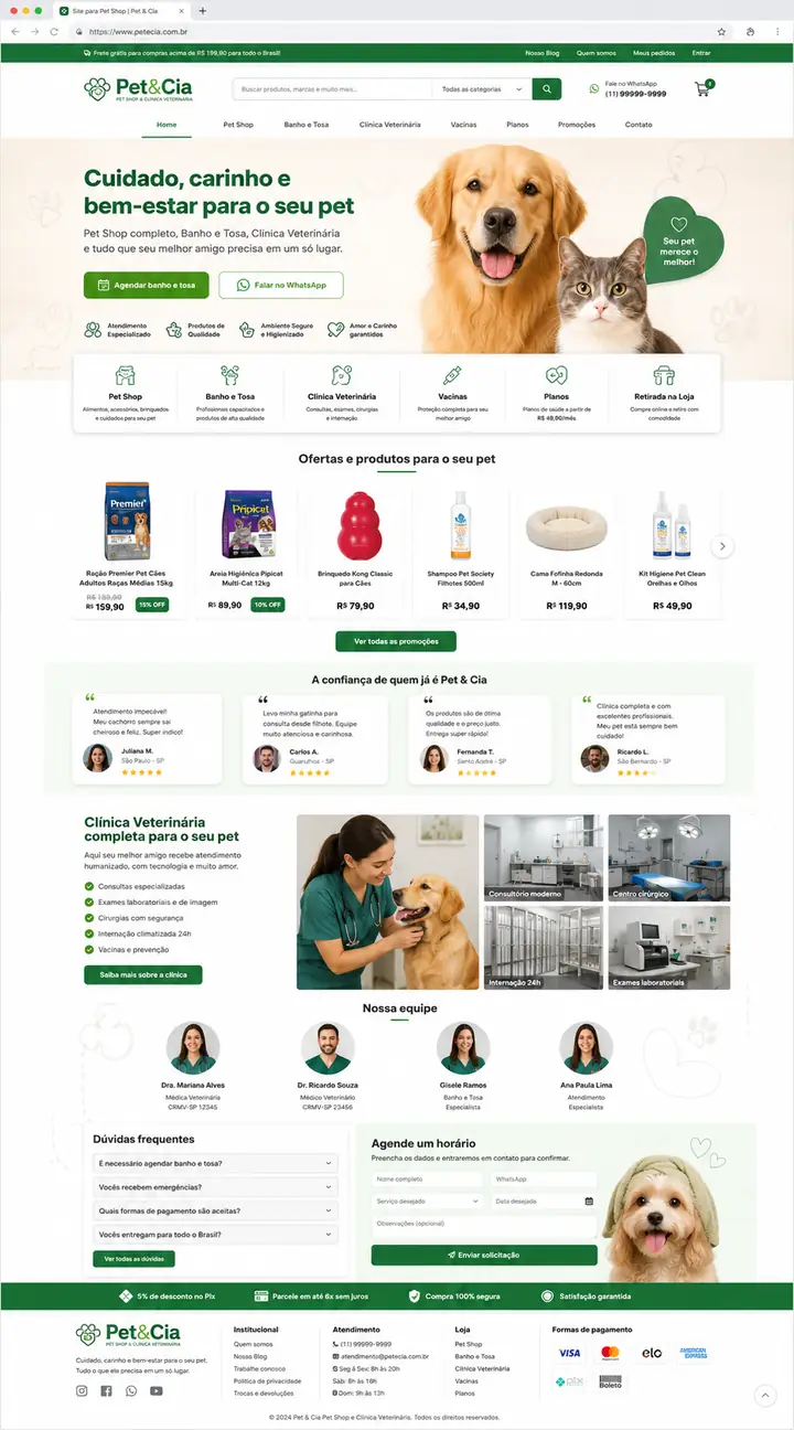 Site para pet shop com serviços, produtos e contato rápido, desenvolvido pela Nidhi Tecnologia